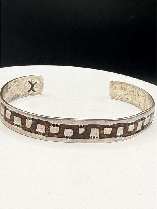 Jewelry - Signed Vintage Sterling Silver Coral Inlay Southwestern Cuff Bracelet